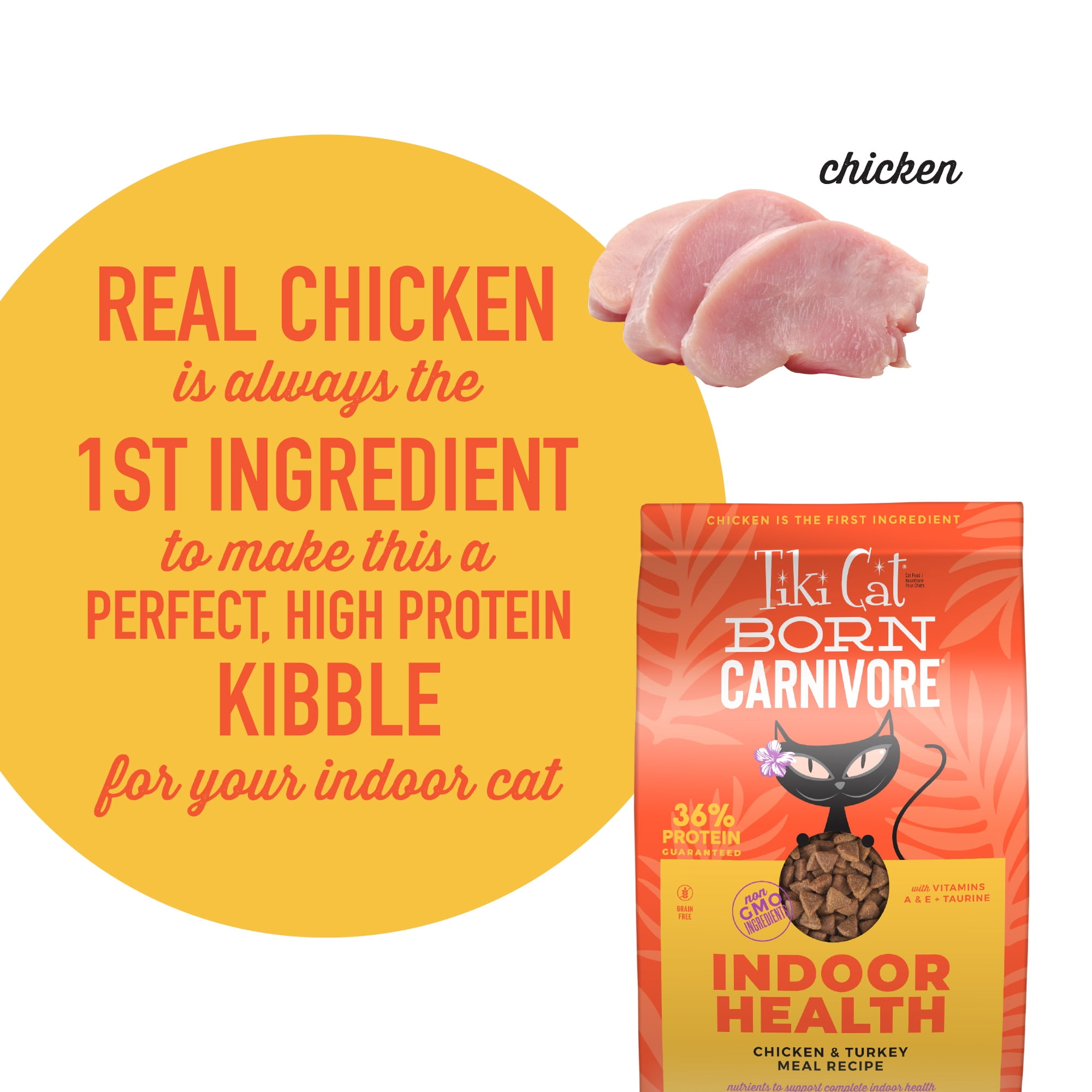 (3 pack) Tiki Cat Born Carnivore Indoor Health Dry Cat Food, Chicken & Turkey Meal, 12 lbs. Bag