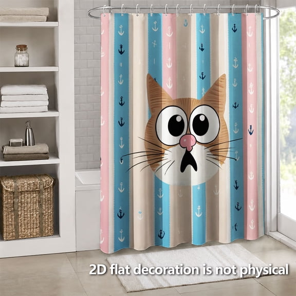 Hoease Surprised Cartoon Cat Anchor Stripe Shower Curtain, 71W x 66L Inch Waterproof Fabric Bathroom Curtain with 12 Hooks, Cute Nautical Bath Decor