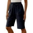 thumbnail image 2 of Womens Bermuda Shorts Elastic Waistband Cotton Linen Pockets Loose Wide Leg Knee Length Bermuda Long Shorts for Women, 2 of 7