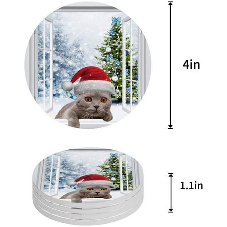 

KXMDXA Christmas Cute Kitty Set of 6 Round Coaster for Drinks Absorbent Ceramic Stone Coasters Cup Mat with Cork Base for Home Kitchen Room Coffee Table Bar Decor