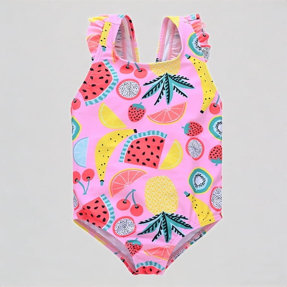 REDARER Toddler Girls One-Piece Swimsuit: Fruit Print, Ruffled Strap Design – Summer Beach Bathing Swimwear,6-9 Months