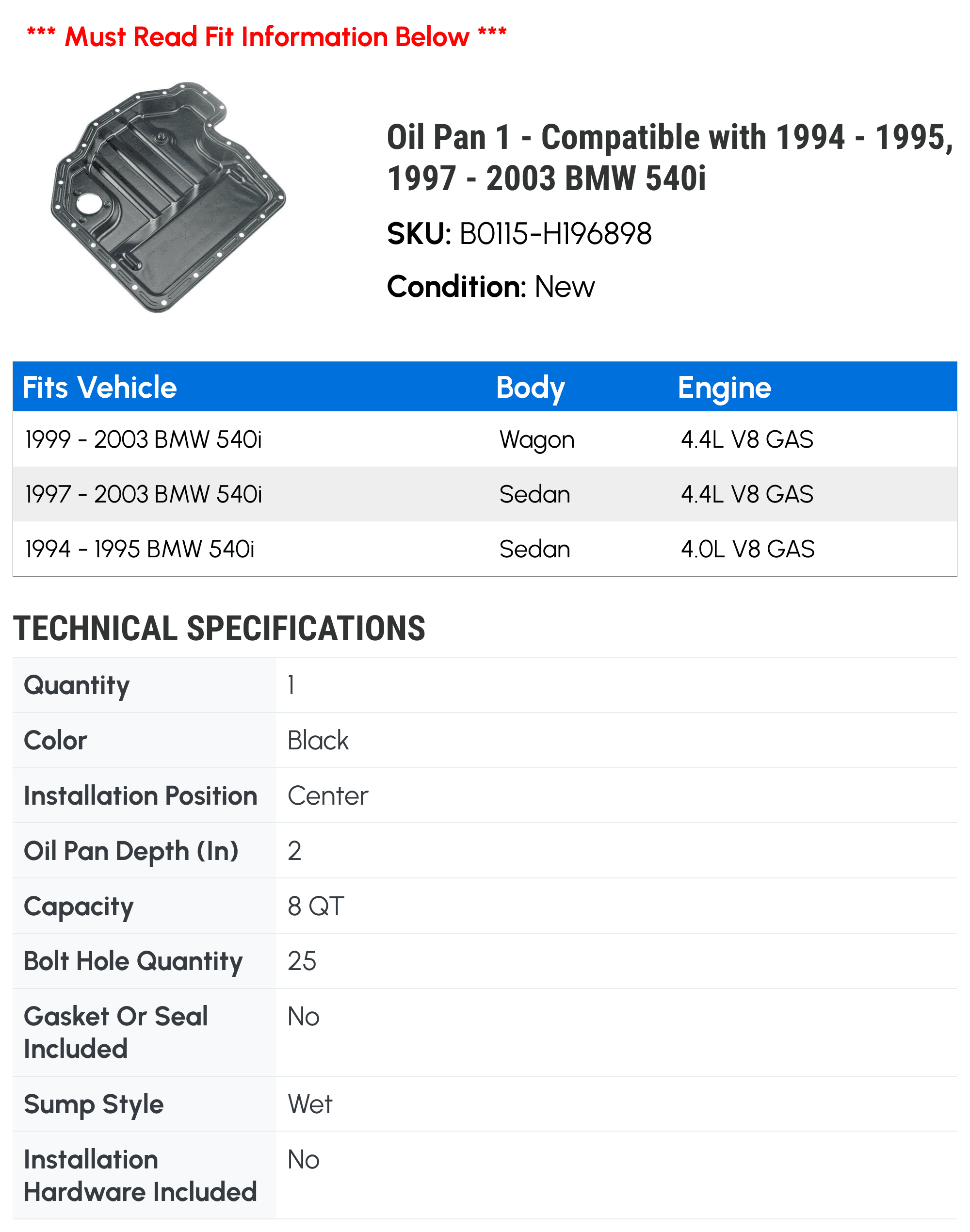 Oil Pan 1 - Compatible with 1994 - 1995, 1997 - 2003 BMW 540i - Autopart Premium