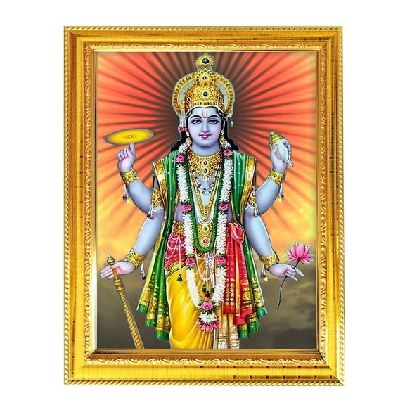 Shri Hari Vishnu Narayana Indian God Photo With Golden Frames Wall Decor Table 8.3X6.5 Inches