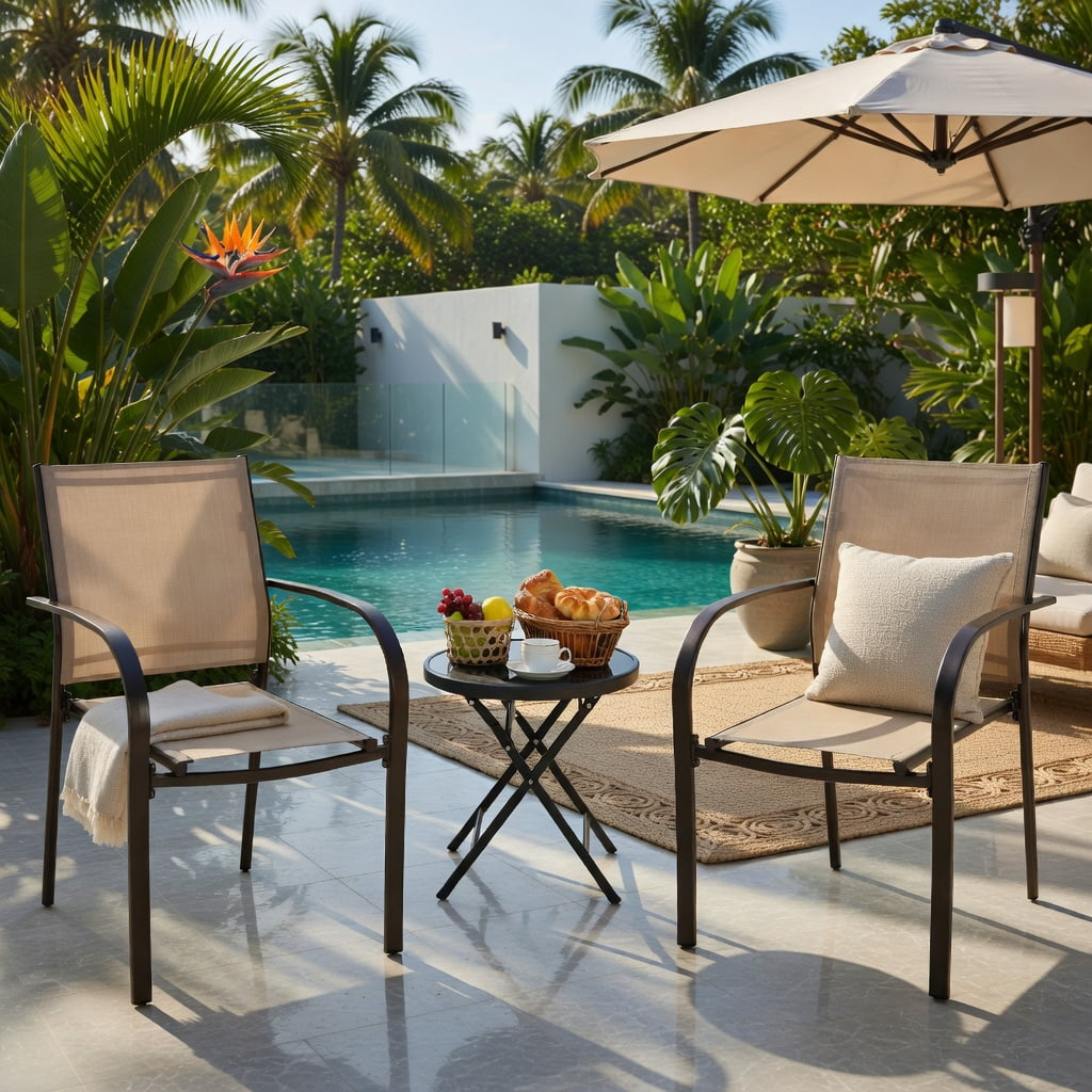 Hommoo 2-Pack Stackable Outdoor Dining Chairs with Armrests, Rust-Resistant Steel Frame, Breathable Fabric Seat, Patio Chairs for Deck, Garden, Poolside, Brown