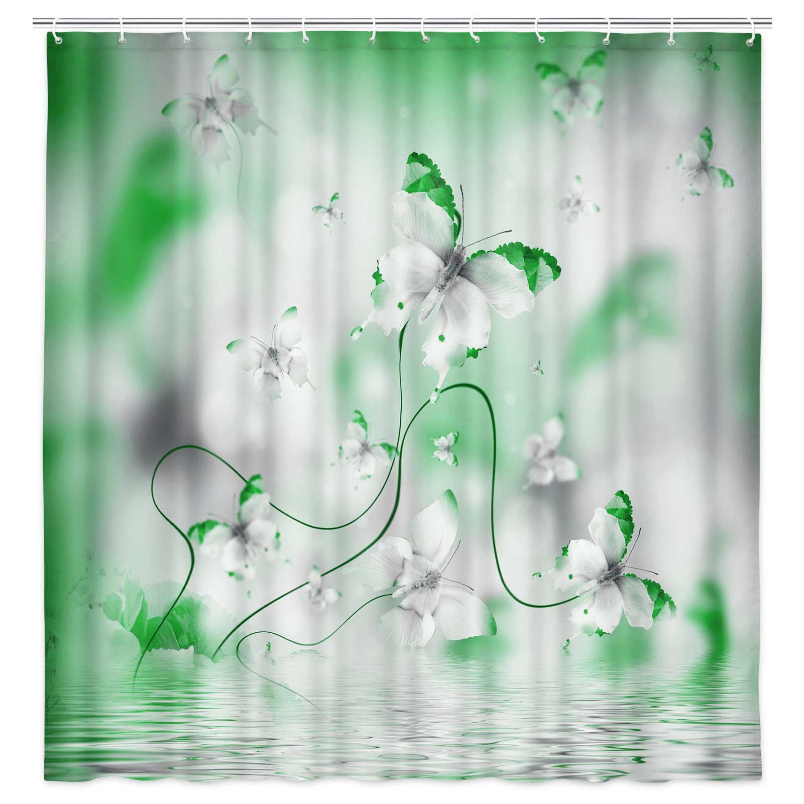 Boho Sage Butterfly Shower Curtain, Butterfly in Spring with Irises Flowers Fabric Shower Curtain, Floral Flower Polyester Fabric Waterproof Bathroom Curtains, 12 Hooks Included 60X70inches
