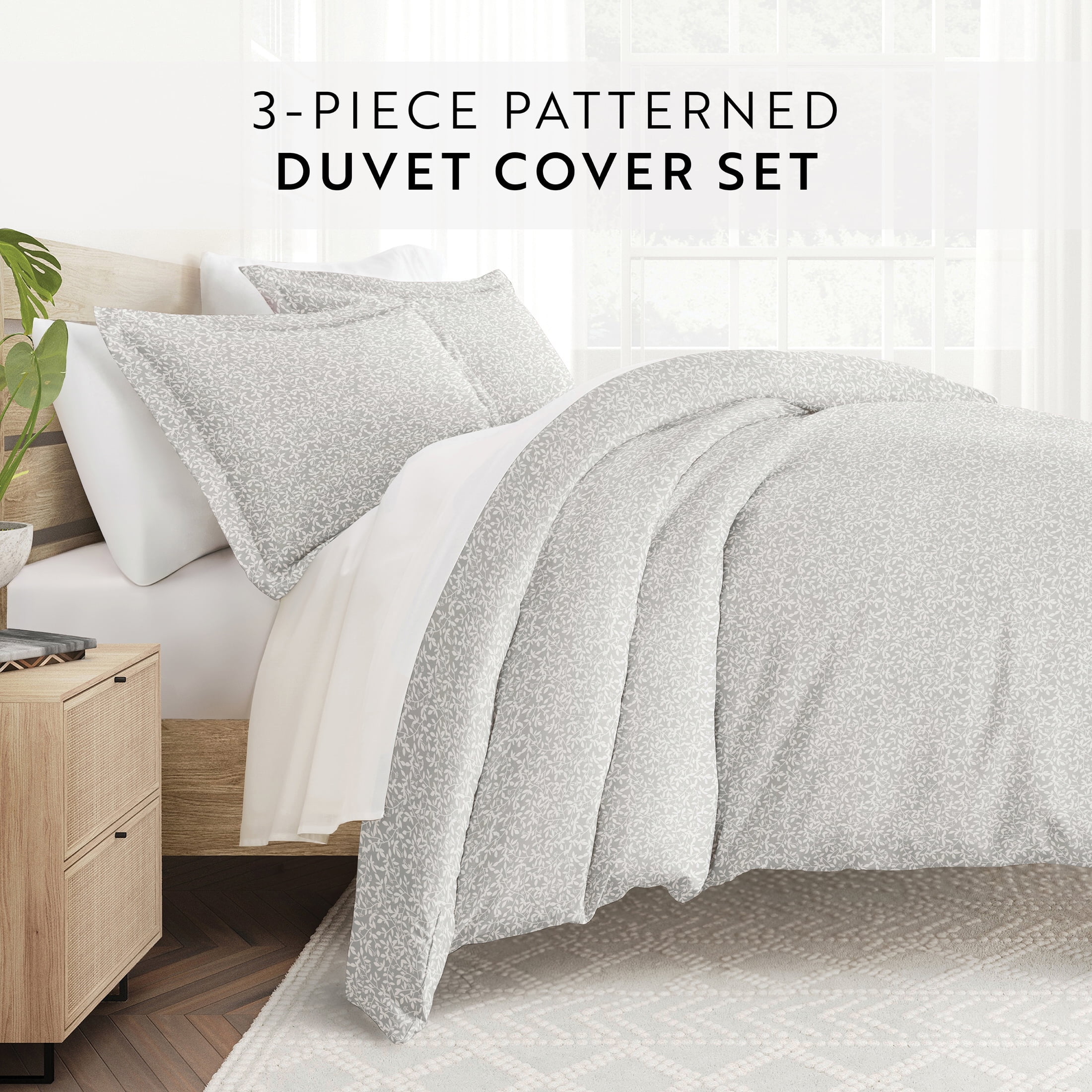 Noble Linens Gray Vine Trellis Print 3-Piece Duvet Cover Set, Full/Queen