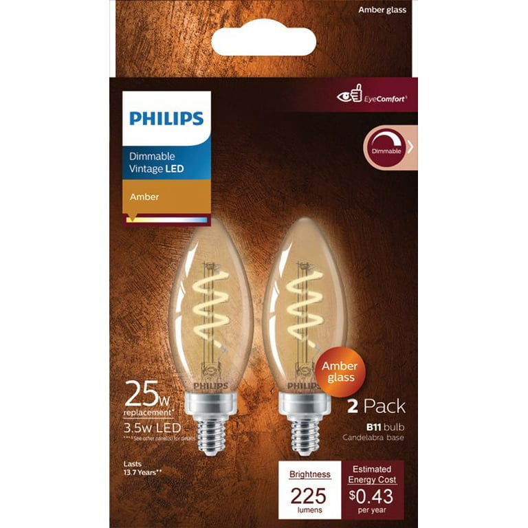 Philips 25-Watt B11 Filament Candle Light Bulb, Amber, Dimmable, E12 Candelabra (2-Pack) - Walmart.com