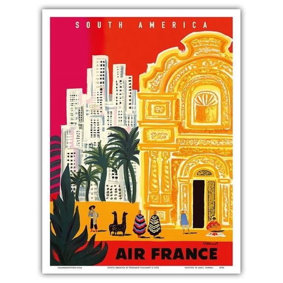 South America - Vintage Airline Travel Poster by Bernard Villemot c.1958 - Master Art Print (Unframed) 9in x 12in