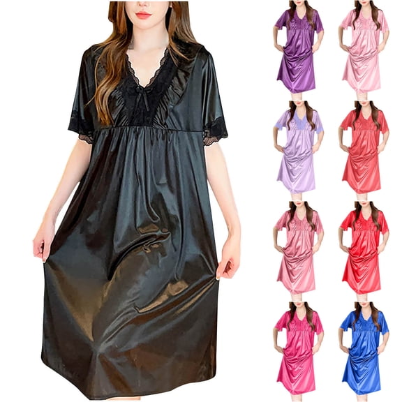 Ashirexll Sleep Shirts for Women, Nightgowns for Women, V-Neck Bow Detail Short Sleeve Ice Silk Long Sleepshirt