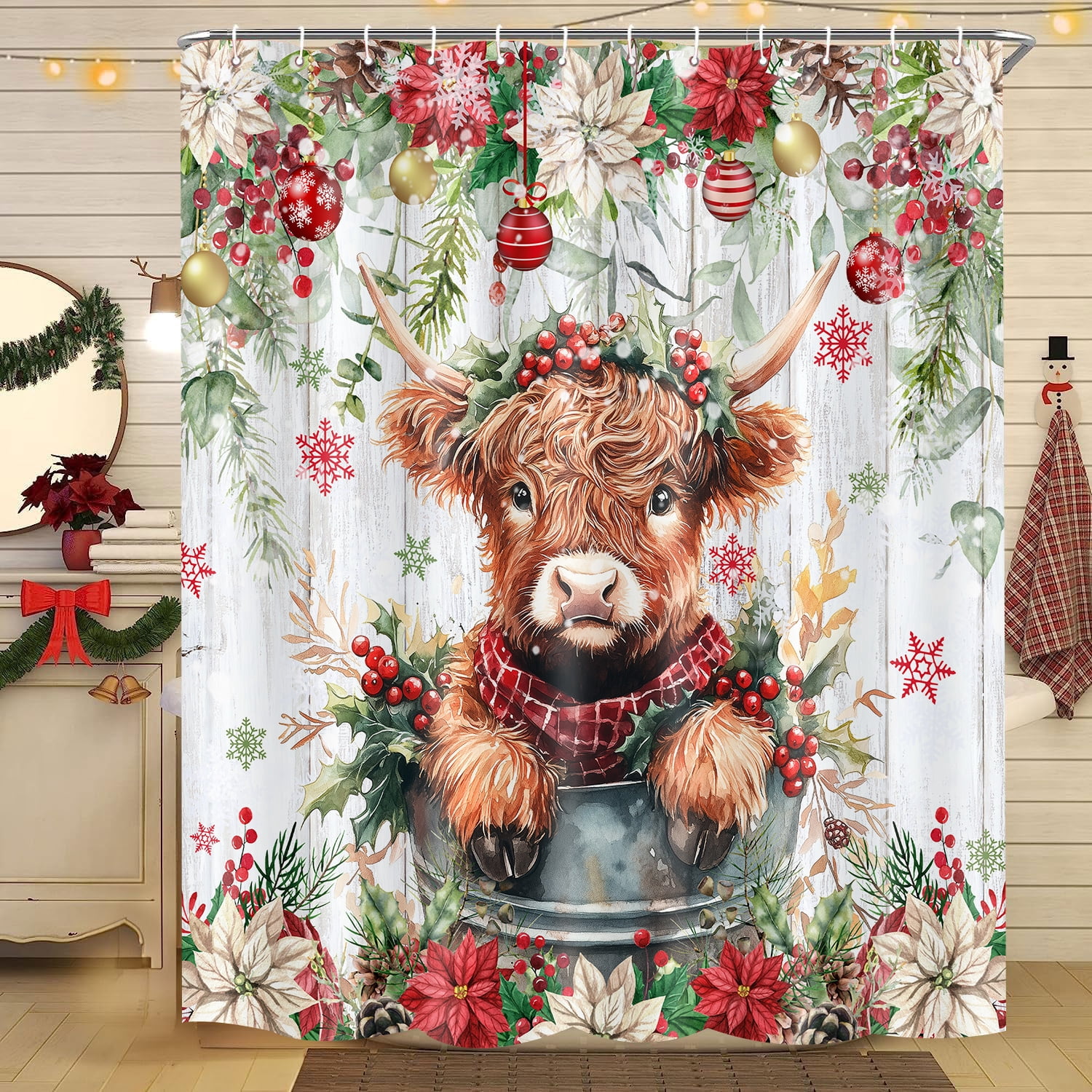 Christmas Highland Cow Shower Curtain, Winter Farmhouse Eucalyptus Leaves Floral Funny Animals Cute Cow Bath Curtain, Western Rustic Cute Wood Home Fabric Shower Curtain Sets with Hooks, 72X72in