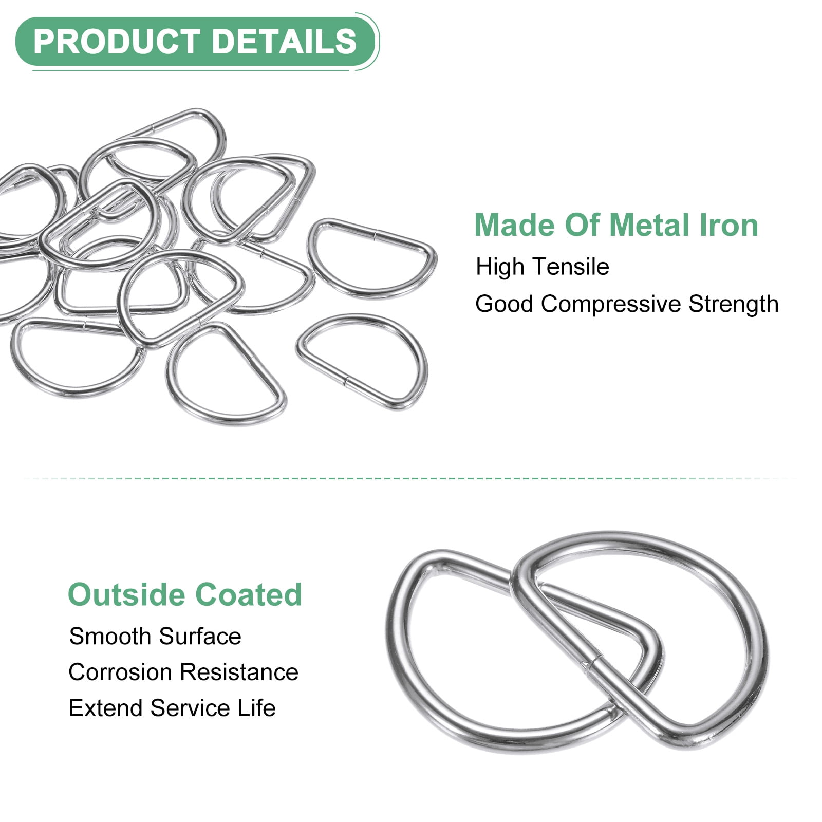 Uxcell 20-Pack D-Rings Buckle, 1-1/2 Inch Iron Non-Welded Dee Rings Metal Buckle for Purse/Aprons/Belts/Pet Collars, Semi-Circular D Ring Hardware [Silvery]