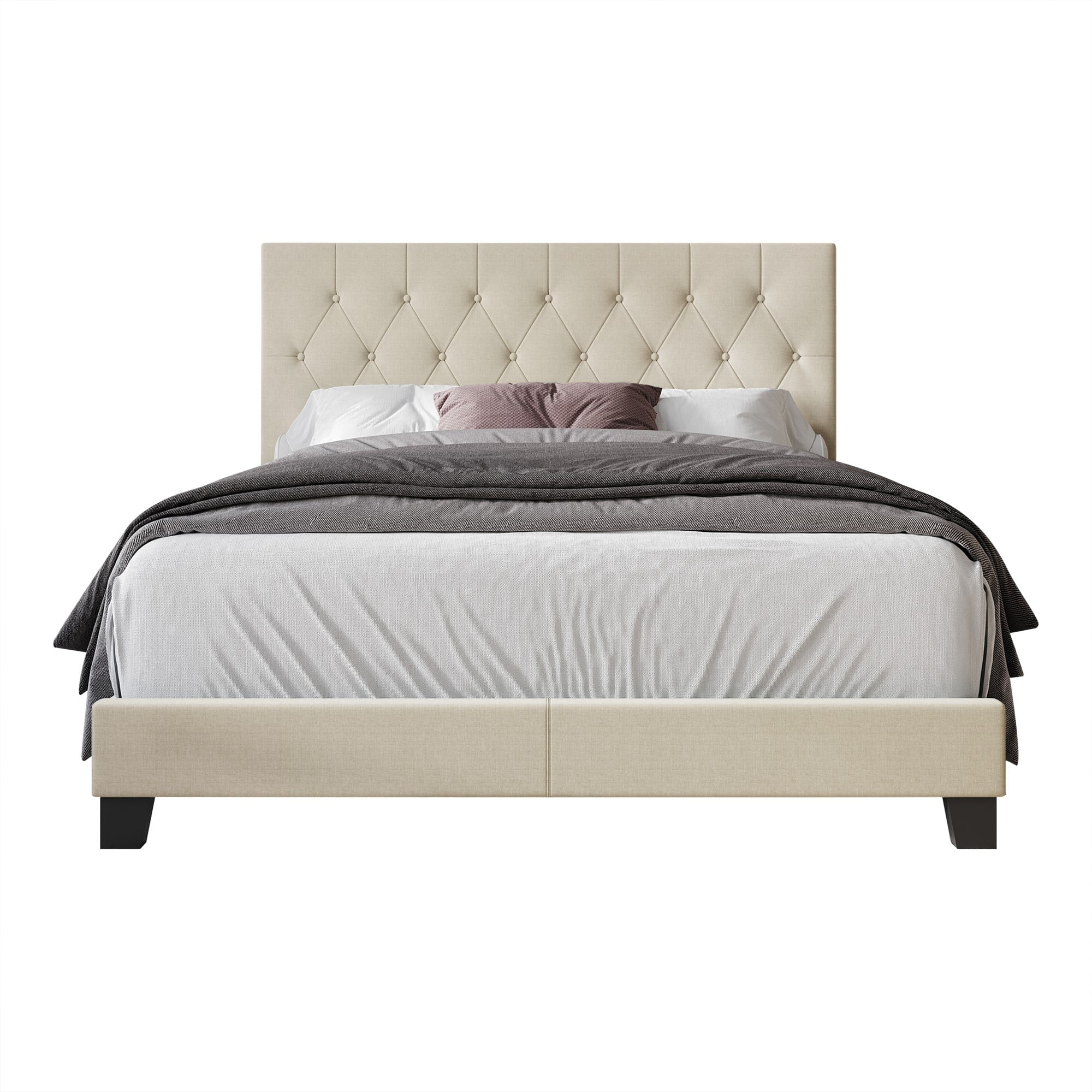 Home Design Dillon King Tufted Upholstered Panel Bed Frame with Button Tufting and Foam-Filled Headboard, Beige, Easy Assembly