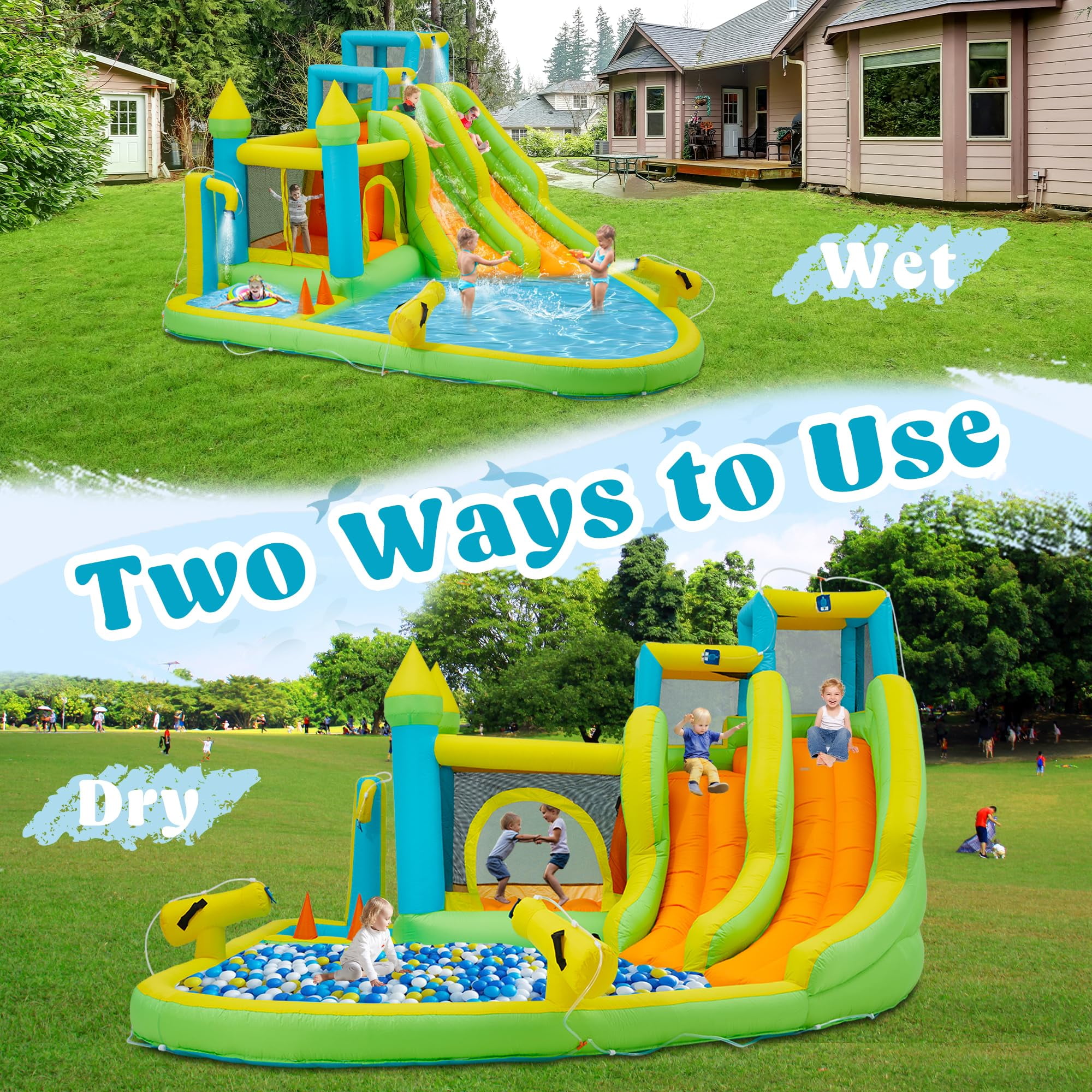 Inflatable Water Slide,10 in 1 Water Park Bounce House for Kids 3-12 with Blower,Splash Pool, 2 Slides, Water Cannon, Climbing Wall,Blow up Water Slides for Kids Outdoor Backyard