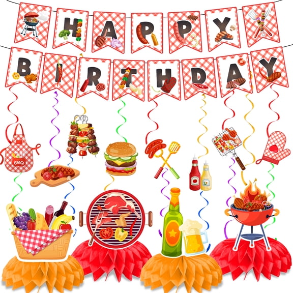 Summer Picnic Party Swirl Banner, 13pcs BBQ Party Decorations Set Including BBQ Party Honeycomb Centerpieces Banner Hanging Decor, Barbecue Party Supplies