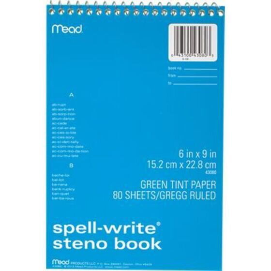 Gregg Ruled 80 Sheet Mead Spell-write Steno Book Green 6" X 9" 1 Each 