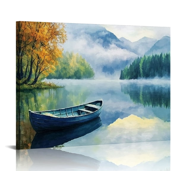 Wall Art Blue Mountain Sky Nature Landscape Boat Picture Artwork Modern Scenic Painting Framed Large Size for Living Room Bedroom Bathroom Dinning Room Home Office Wall Decor