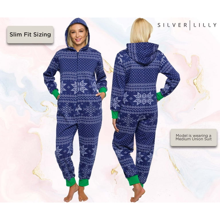 Womens Fair Isle Christmas Pajamas with Hood Blue Warm Soft Comfy Holiday One Piece PJs by Silver Lilly Medium Walmart