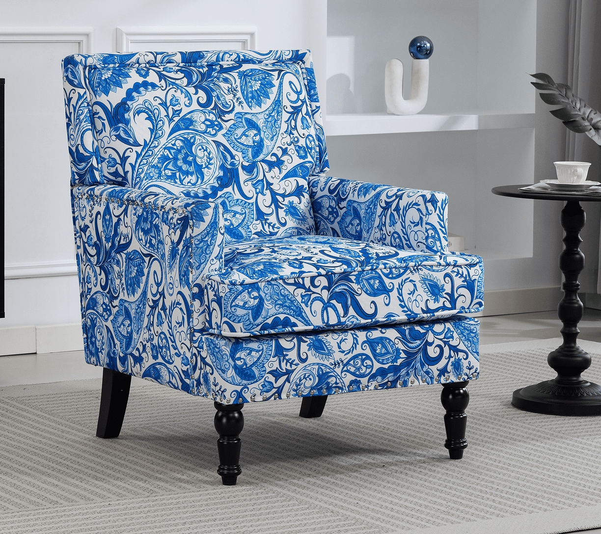 Leumius Modern Accent Chair with Wood Legs,Vintage Upholstered Armchair Single Sofa Chair Reading Accent Chair for Living Room Bedroom Office,Blue and White