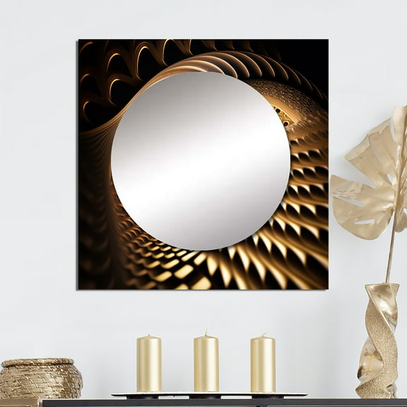 Designart "Optical Illusion Vintage Gilded Geometric Aspects VII" Abstract Spirals Gold Large Square Mirror - Square Bedroom Mirror Printed Wall Decor - Transitional Square Printed Wall Mirror Art
