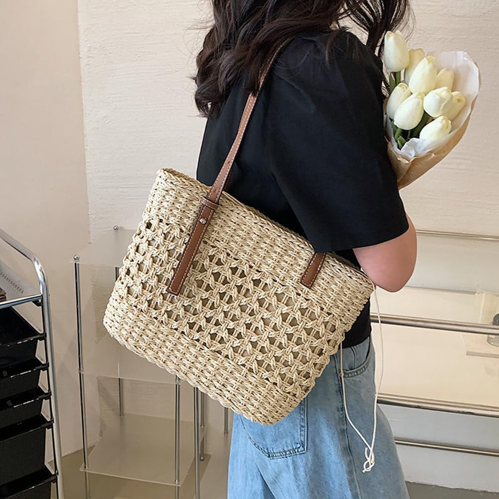 Stylish Boho Straw Tote Bag Hand-woven Purse Beach Handbag Summer Shoulder Bag With Adjustable Strap
