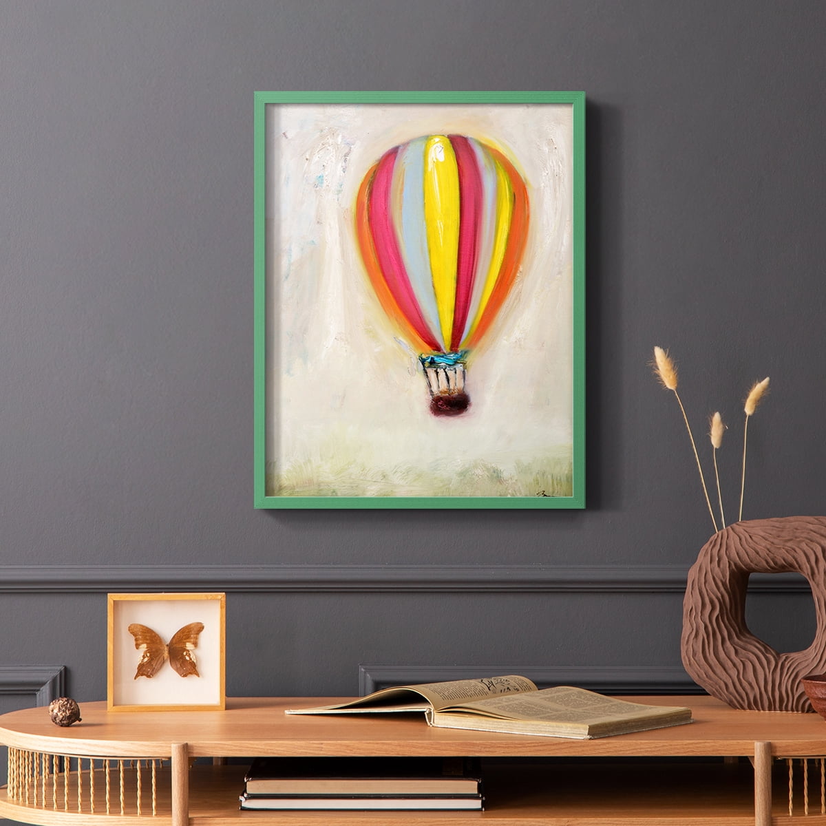 Lucky Hot Air Balloon Framed Print in Green Solid Wood Framed Print No Nail Hanging
