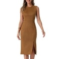 thumbnail image 1 of Vestido de trabajo sin mangas de ante sintético para mujer Inspire Chic, con cuello redondo y abertura en el dobladillo, color marrón, 1 of 5