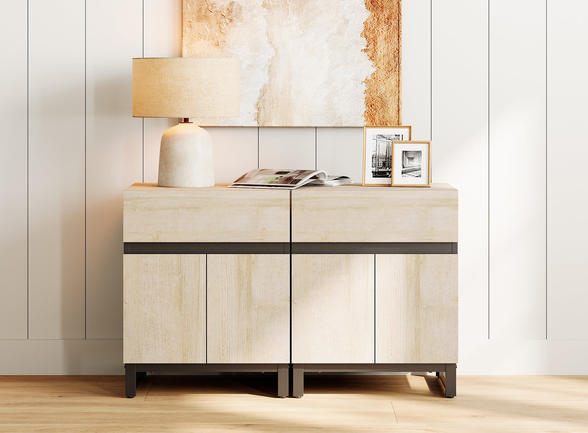 WAMPAT 3-Piece Modern Bedroom Furniture Set, 47-Inch Dresser with 6 Drawers and 2 Nightstands Featuring Drawer and Cabinet Design, Bedroom Set of 3, Beige