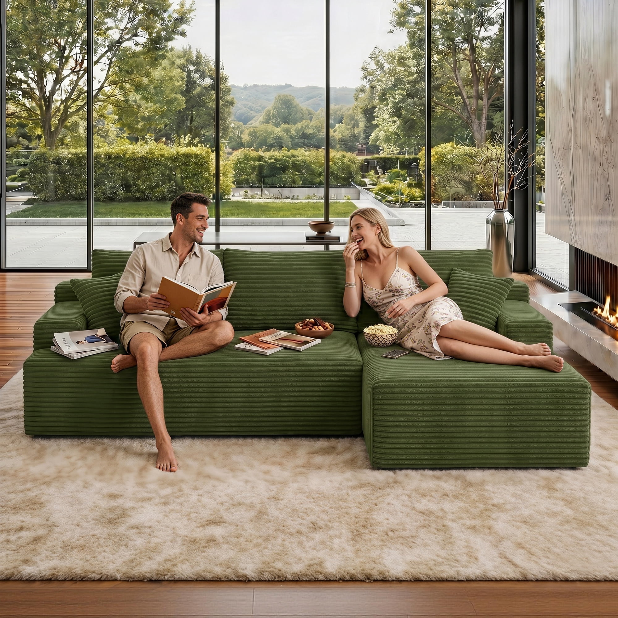 Aukfa 96" Cloud Sectional Couch, Modular L Shaped Boneless Sofa with Right Facing Chaise&2 Storage Pockets, Green