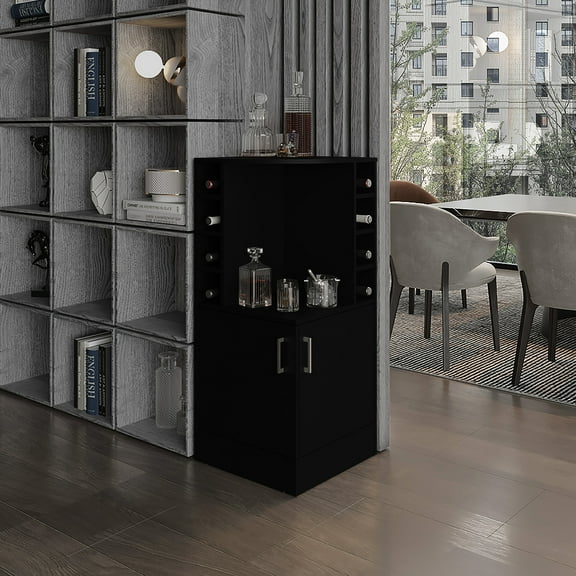 42" Tall Black Corner Bar Cabinet - 8 Wine Bottle , Double Door Modern Chic Style Room