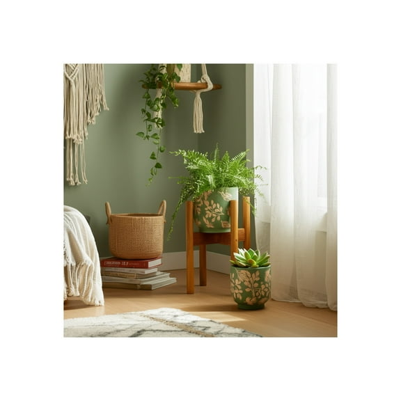 Set of 2 Ceramic Planters with Leaf Pattern - Durable Decorative Indoor & Outdoor Plant Pots - Stylish Garden & Home Flower Pot Set - 8", 6" Green