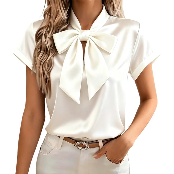 Ecqkame Women's Satin Shirts Elegant Bow Tie Neck Short Sleeve Casual Loose Blouse Business Office Trendy Wrinkle Free Tops White XXL