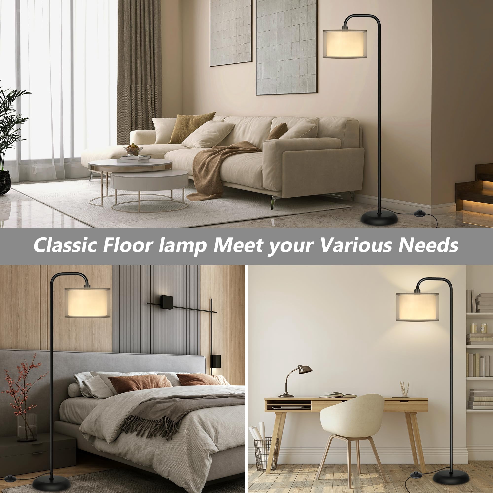 Led Floor Lamp For Living Room  Modern Standing With Foot Grey Organza Fabric Shade Tall Pole Reading Bedroom Study Office 9w Bulb Included