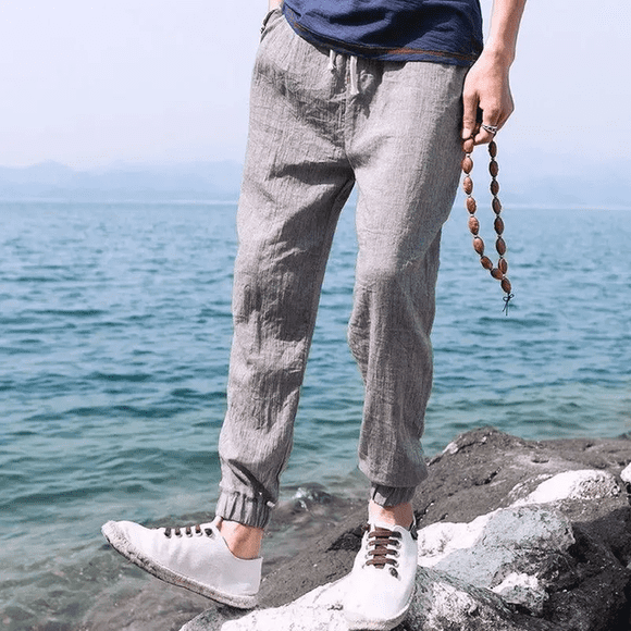 CHUANK Men‘s Summer Thin Linen Cropped Pants Solid Color Versatile Bunched Foot Pants Korean Style Cool Cotton Linen Casual