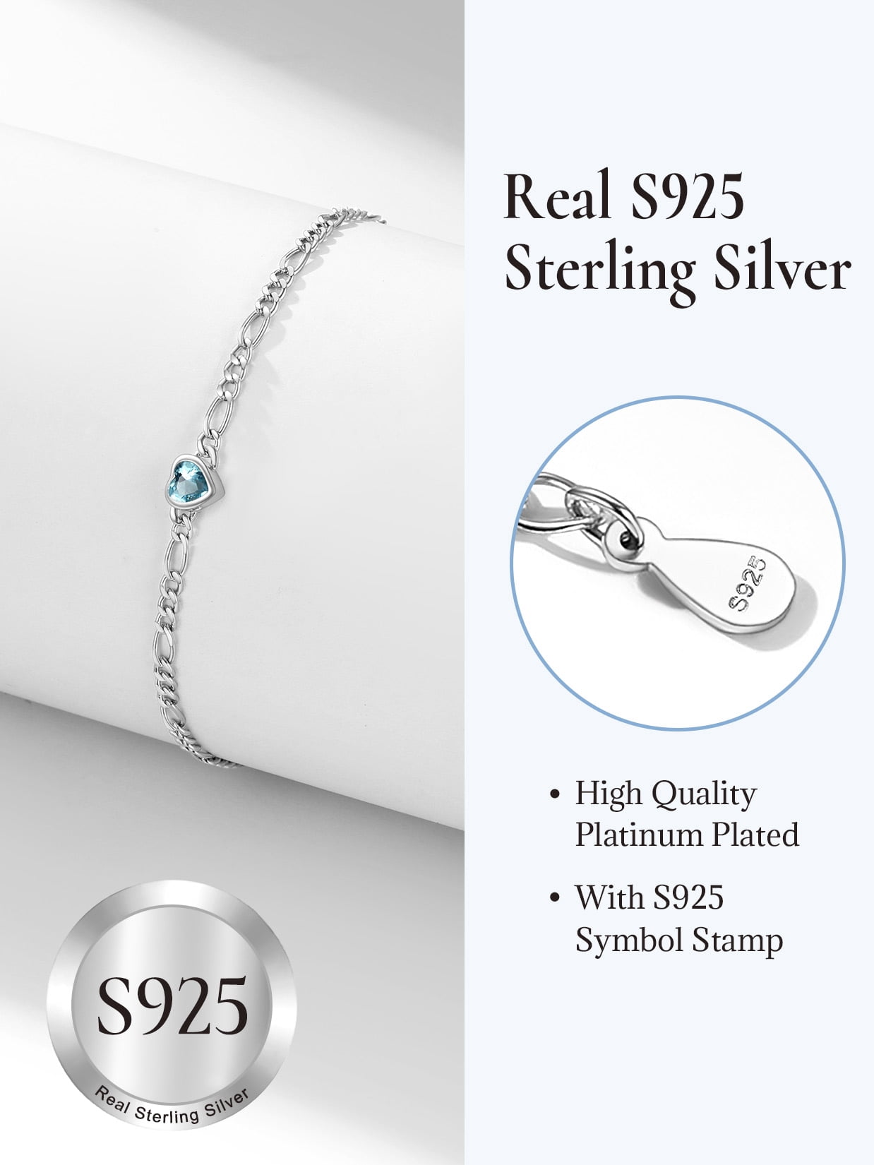 U7 Heart Anklet Bracelet for Women March Blue Aquamarine Sterling Silver Figaro Anklet Charming Summer Jewelry Gift Beach Foot Chain for Daughter