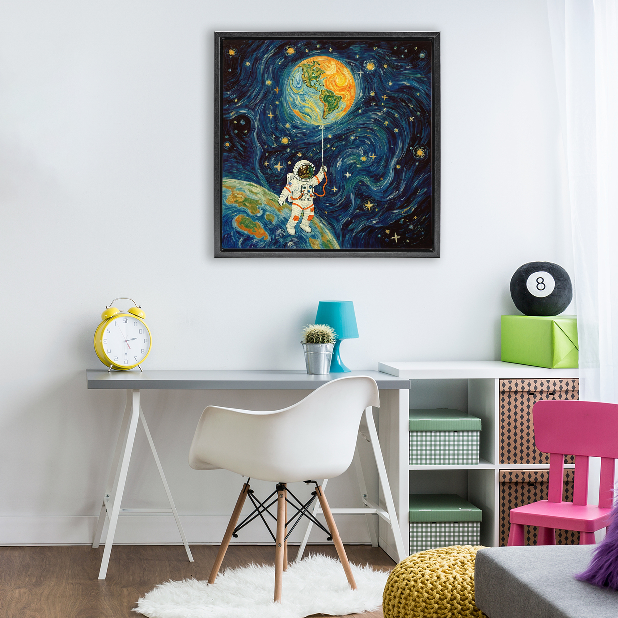 Astronaut with Earth Balloon Black Framed Floater Canvas Wall Art, design by Angie Hawke