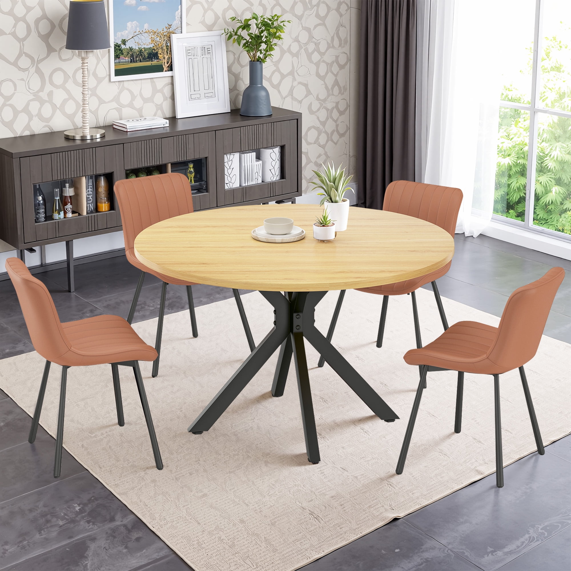 MAYEERTY 47"Round Modern Dining Table Fits 4-6, Farmhouse Style,Metal Frame for Kitchen/Dining Room, Nature