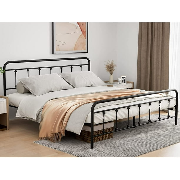 Ikifly King Size Metal Platform Bed, King Size Bed Frame With Headboard Black