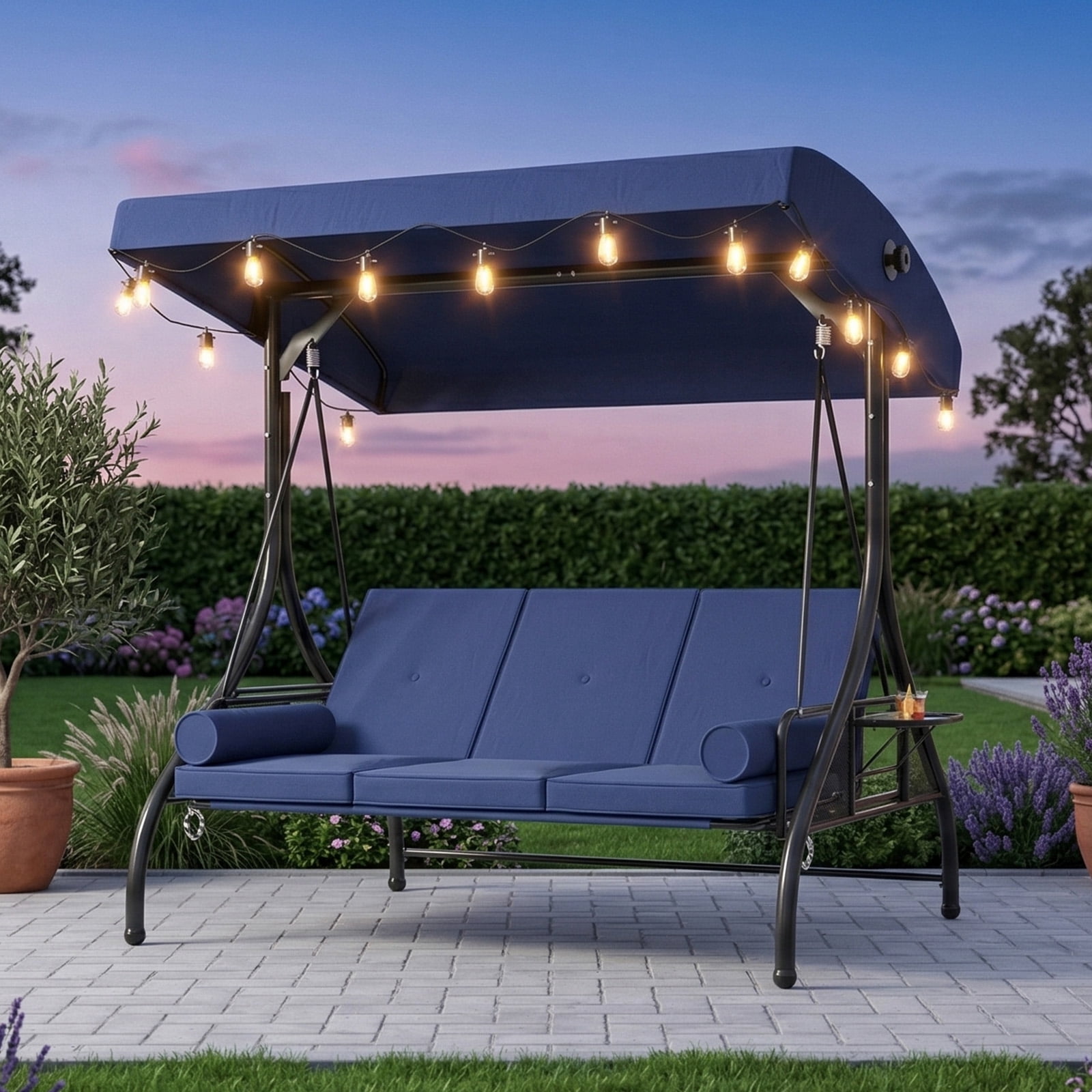 BaPiPro Blue 3-Seat Metal Outdoor Patio Swing with String Lighting, 2-in-1 Convertible Swing Bed, Adjustable Canopy, Removable Cushions & Foldable Side Table for Garden Porch Deck