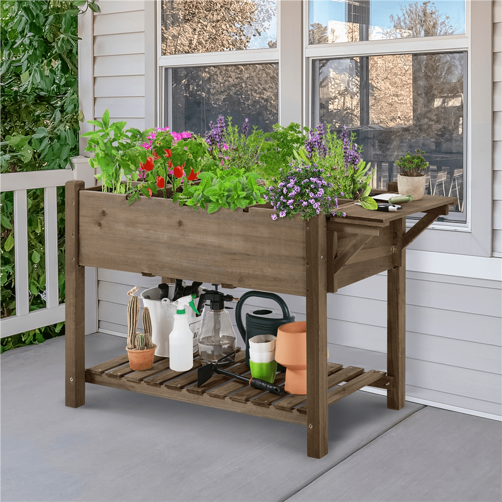 Renwick Solid Wood Elevated Planter Box with Removable Grow Grids, Dark Brown