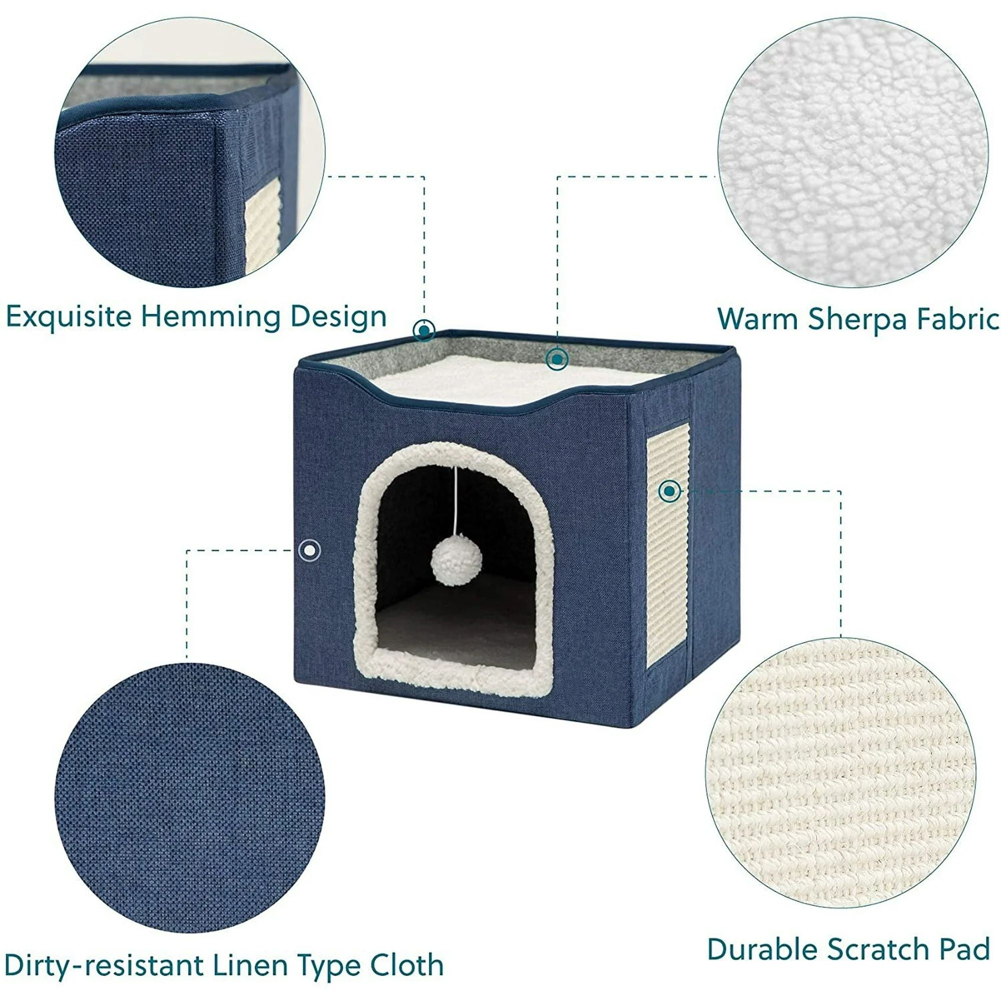HDJ Cat Bed for Indoor Cats with Scratching Pad and Plush Ball, Pet, 6.5x16.5x14 Inches, Blue