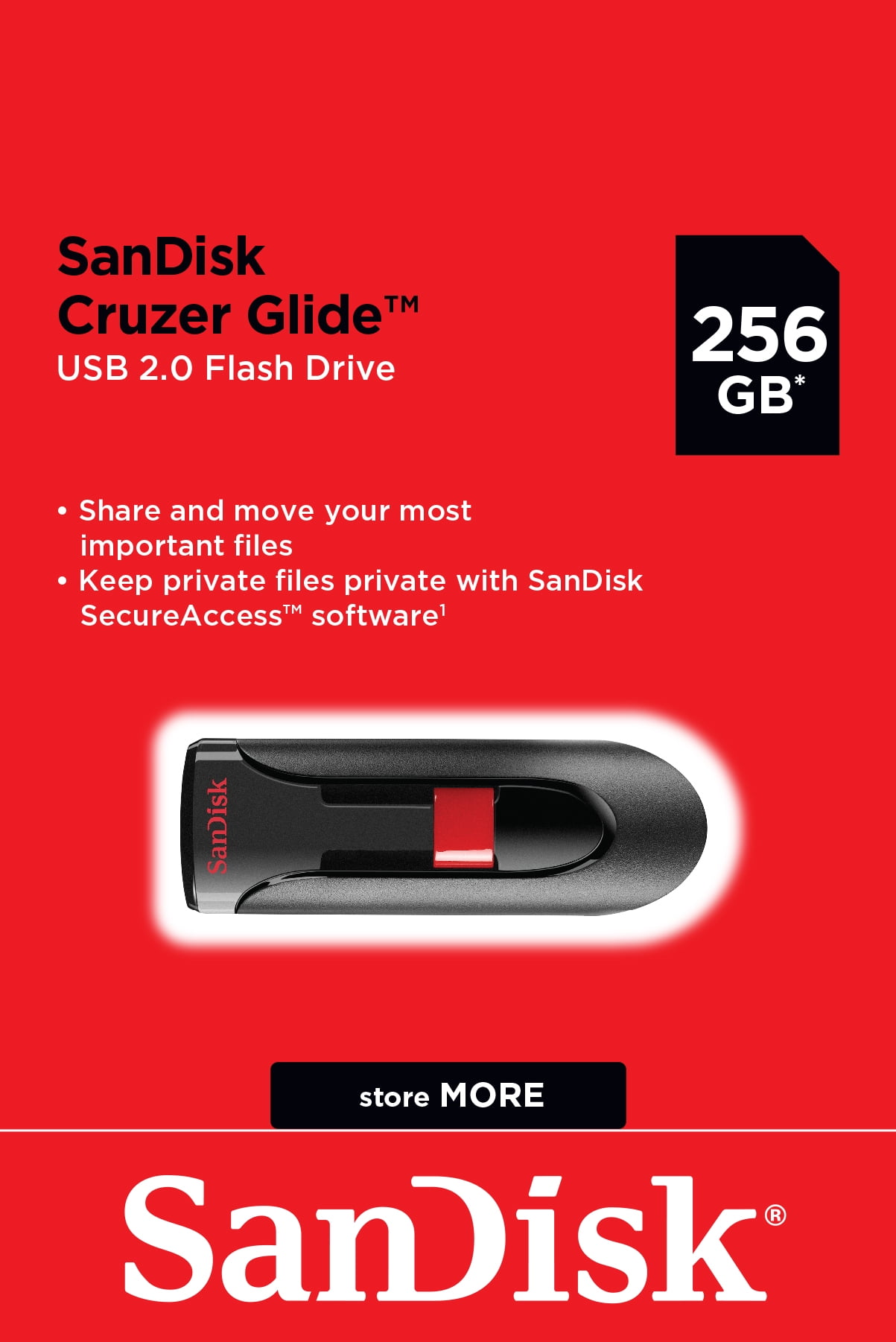 SanDisk 256GB Capacity Cruzer Glide USB 2.0 Flash Drive - Secure