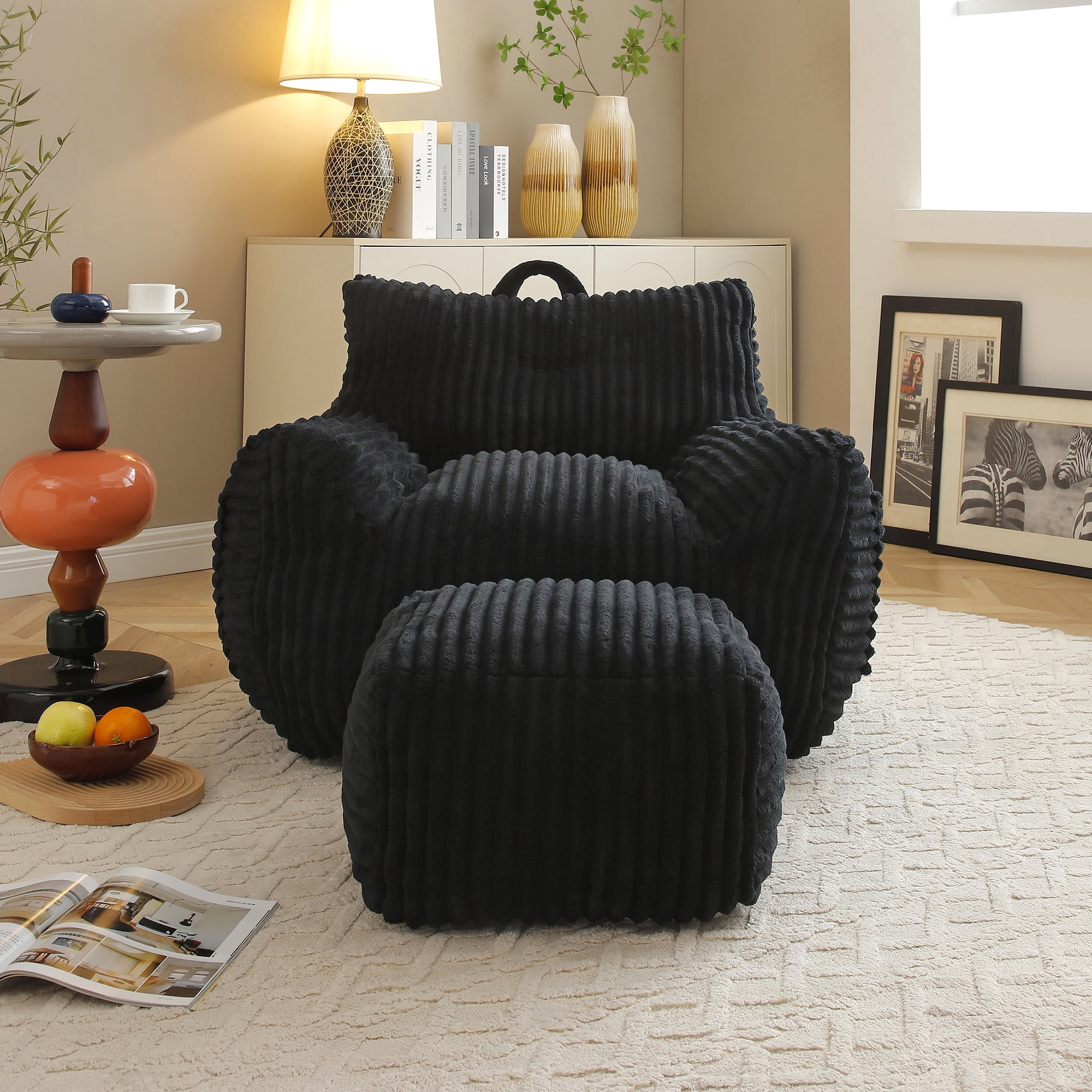 FFZ Giant Black Plush Bean Bag Chair For Adults With Armrests Footstool