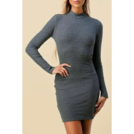 Women s Solid Mock Neck Back Cut Rib Mini Dress