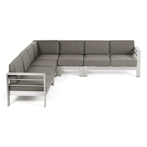 GDF Studio Crested Bay Outdoor Aluminum 7 Seater Sectional Sofa with Cushions, Silver and Khaki