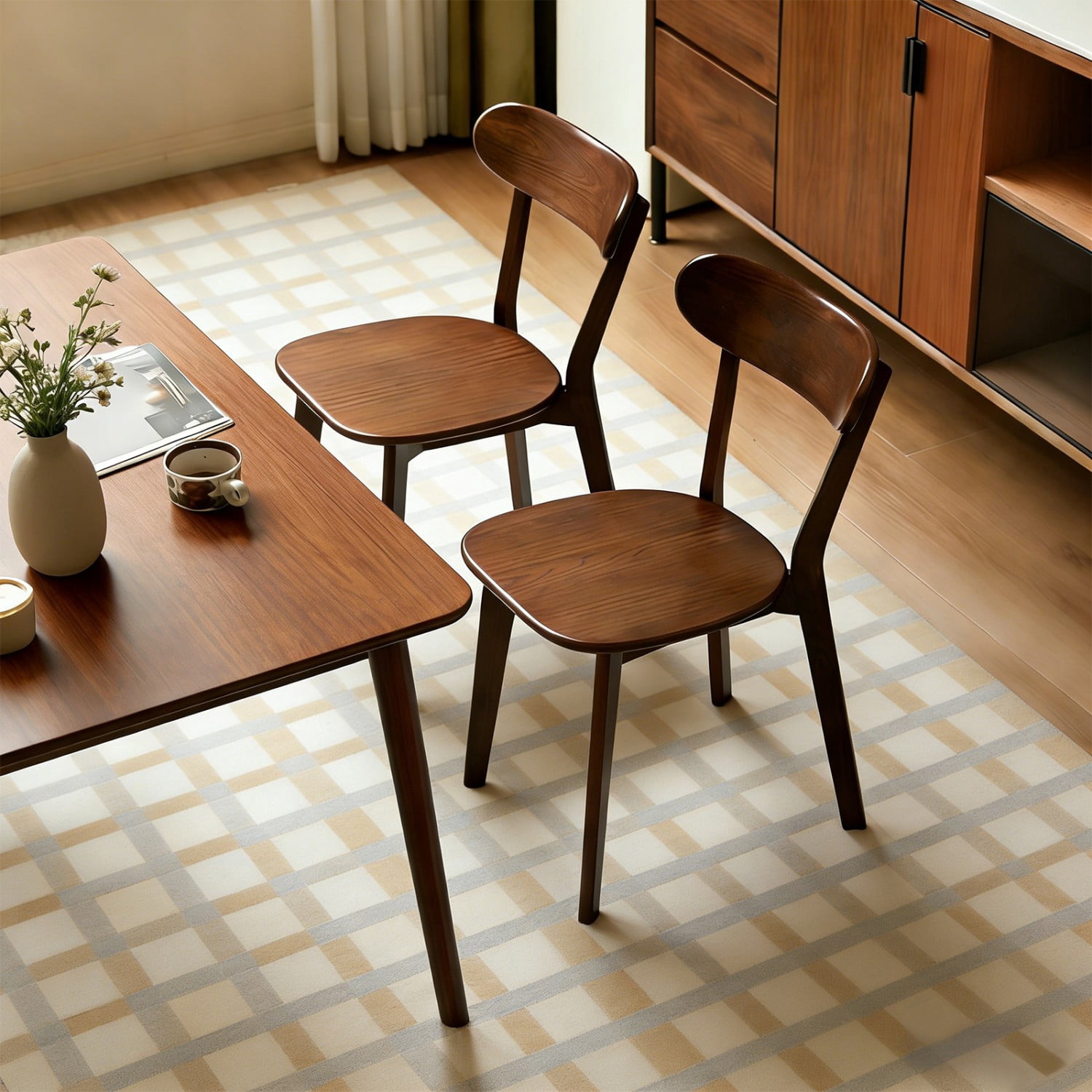 100% Natural Solid Wood Dining Chairs Set of 2 Mid Century Modern Kitchen Chairs with Curved Backrest Adjustable Foot Pads Walnut Dining Room Living Room Study Chairs, Walnut