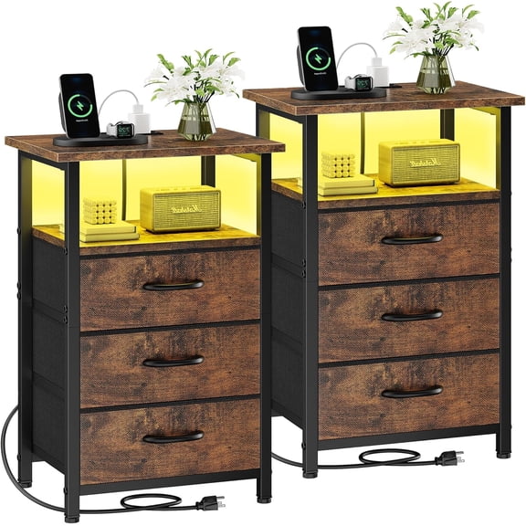 Set of 2 Rustic Brown Night Stands with Charging Station, LED Nightstand for Bedroom with 3 Fabric Drawers, USB Port & Outlets