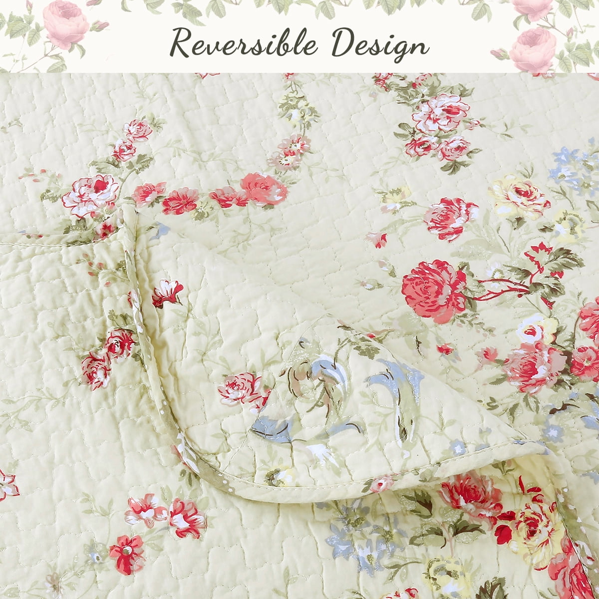 Cozy Line Prairie Bloom Reversible 100% Cotton Quilt Bedding Set, 3 piece King Set