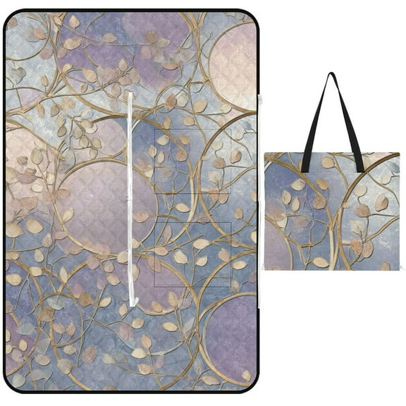 Pastel Circles Leafy Gold Branches Outdoor Picnic Blanket, Foldable Waterproof Beach Mat, Portable Beach Blanket for Beach Camping, Hiking, Family Concerts