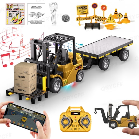 Remote Control Forklift with Trailer, 1/64 Mini RC Forklift Toys with Lights & Sound, RC Construction Vehicles for Boys Christmas Birthday Gifts