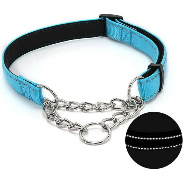 Collier pour Chien Martingale avec Chaîne en Acier Inoxydable, Collier Réfléchissant en Nylon Rembourré Doux Réglable, Chaîne Robuste Sans Traction pour l'Entraînement à la Marche pour Grands, Moyens, Petits Chiens (Bleu, 16.5 Pouces - 27.6 Pouces)